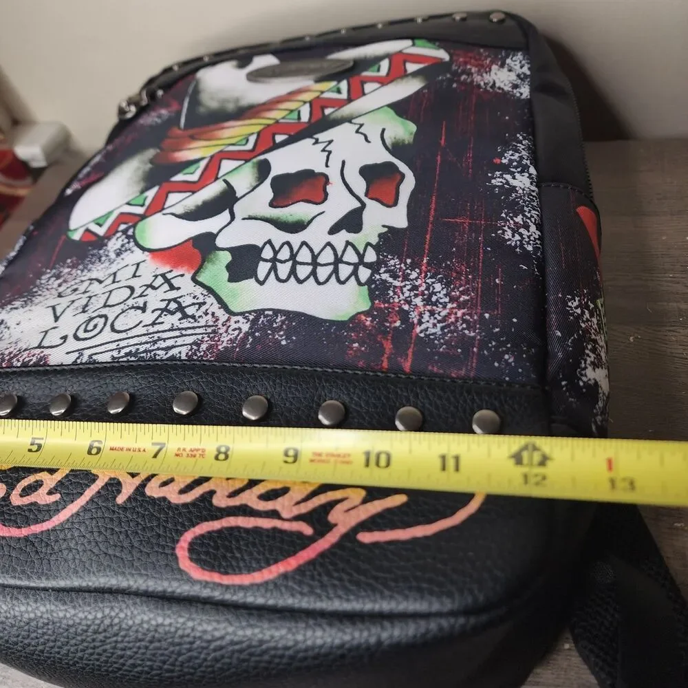 ​Ed Hardy Mi Vida Loca Backpack Studded Skull Tattoo Graphic Black Bag NWT Y2K
